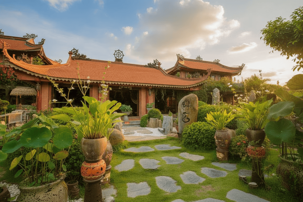 Thiết kế mái ngói đỏ cong được chạm khắc tinh tế, tường gạch, mang đậm nét truyền thống.